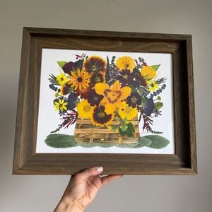 Barb McEvoy Garden Basket Pressed Flower Art Print Framed Botanical‎ 14x18 2014